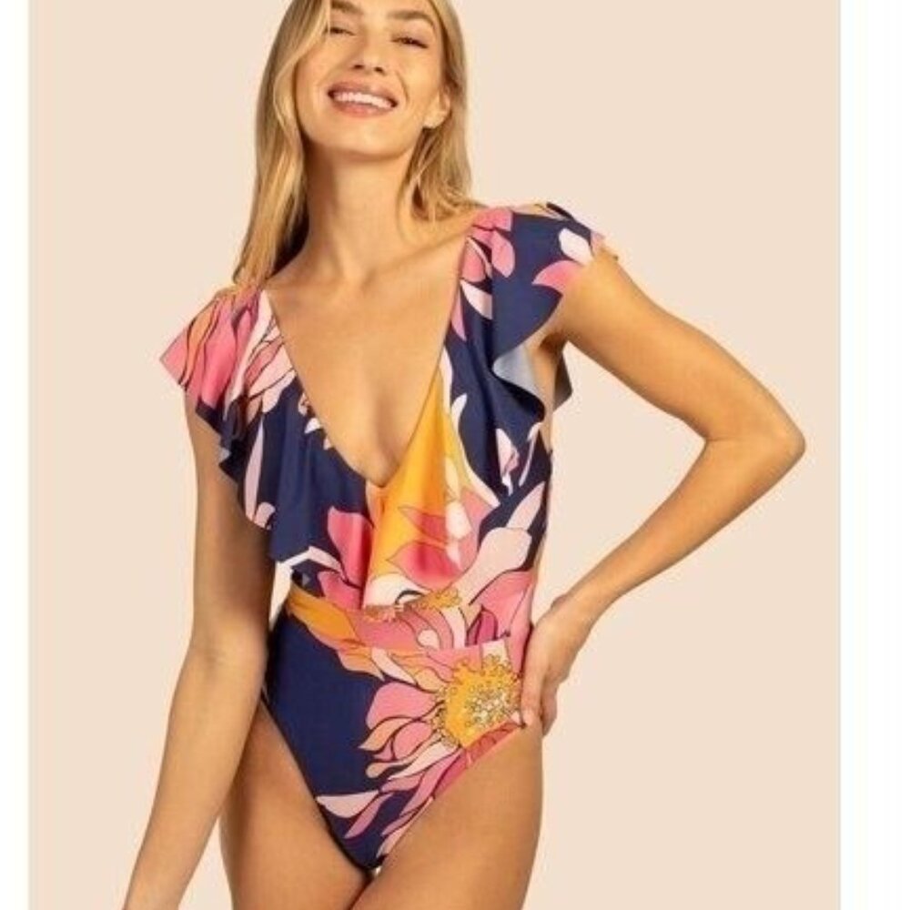 Trina Turk Breeze Ruffle One Piece Swimsuit 14 V-Neck Plunge Tropical NEW